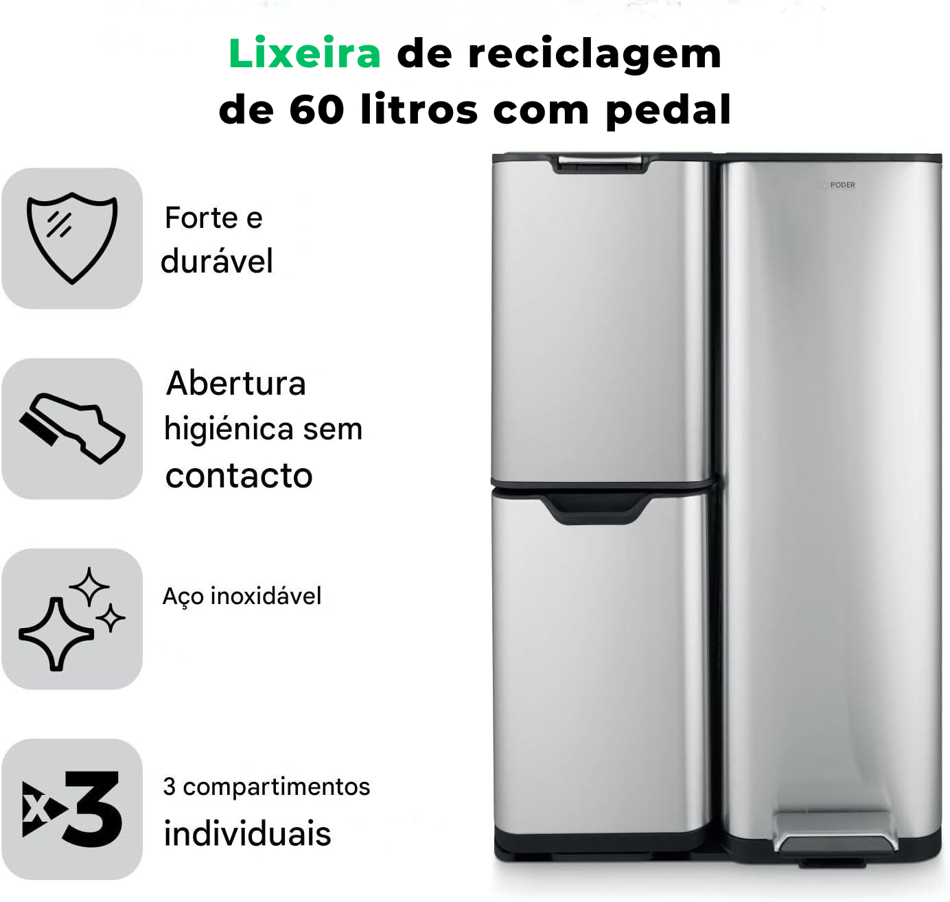 Lixeira de reciclagem de 60 litros com pedal