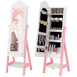 Organizador de Acessórios para Meninas – Costzon, com Espelho, Toucador de Pé, Branco e Rosa